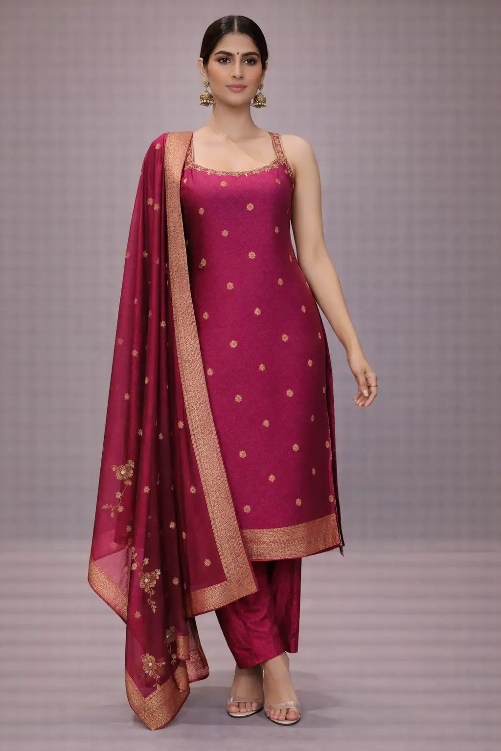 Women's Magenta Silk Embroidered Kurta Pant Set with Dupatta